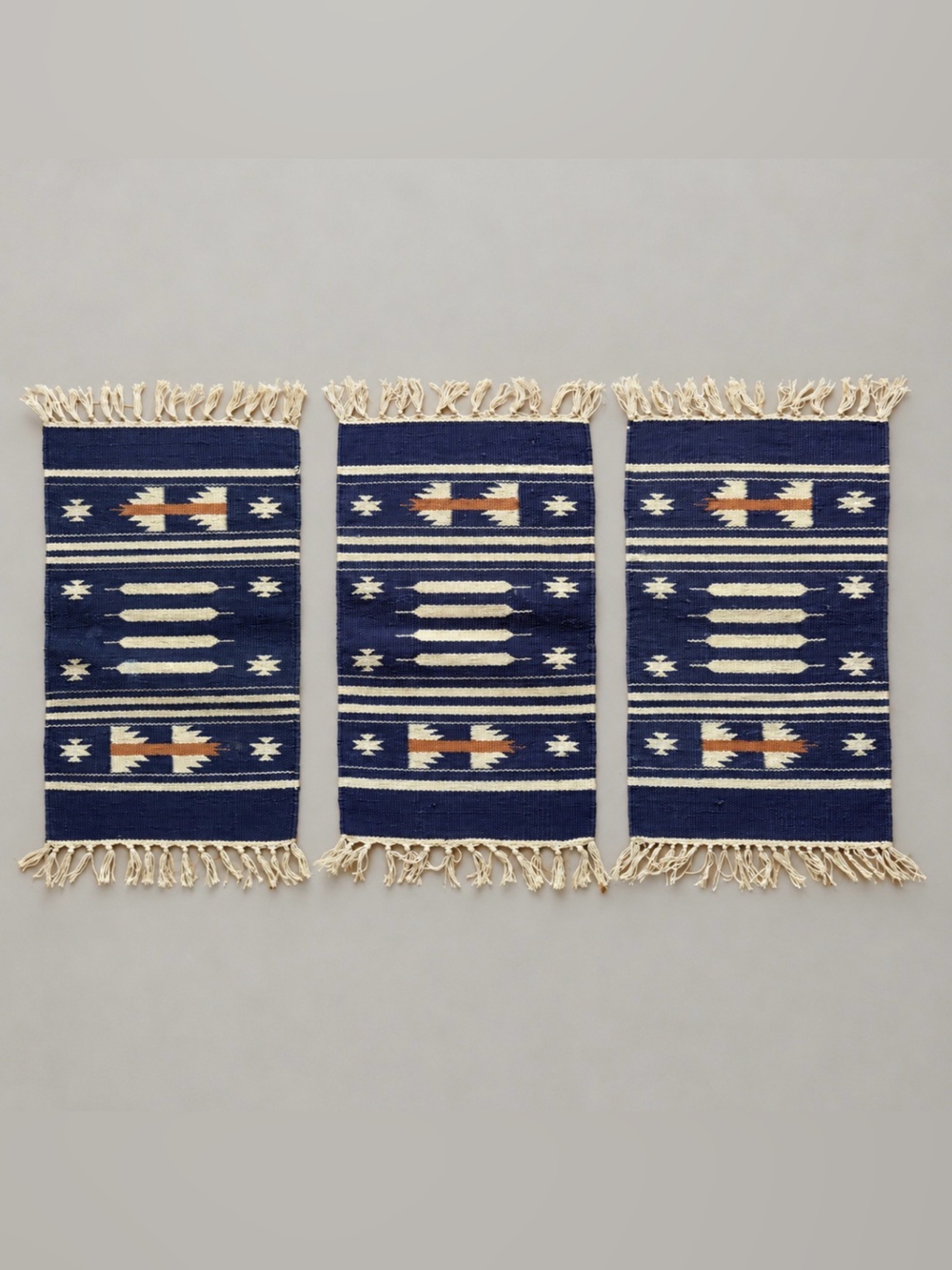 Southwestern Woven Placemats Set of 3 Navy Blue Cream Rust Geometric Fringe